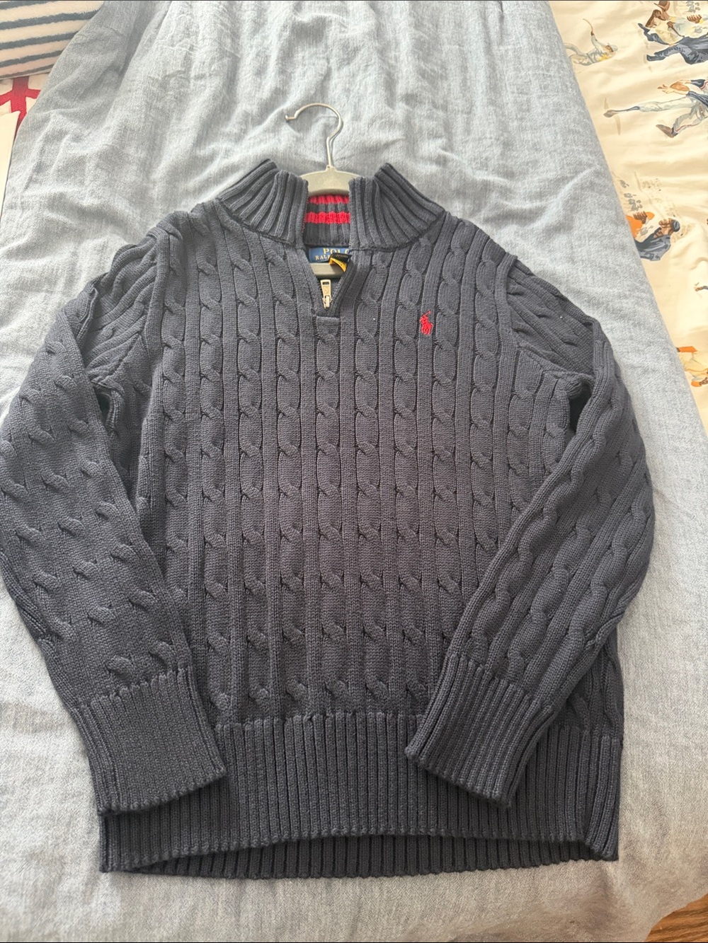 Polo by Ralph Lauren Navy Cable-Knit Quarter-Zip Sweater with Red Pony